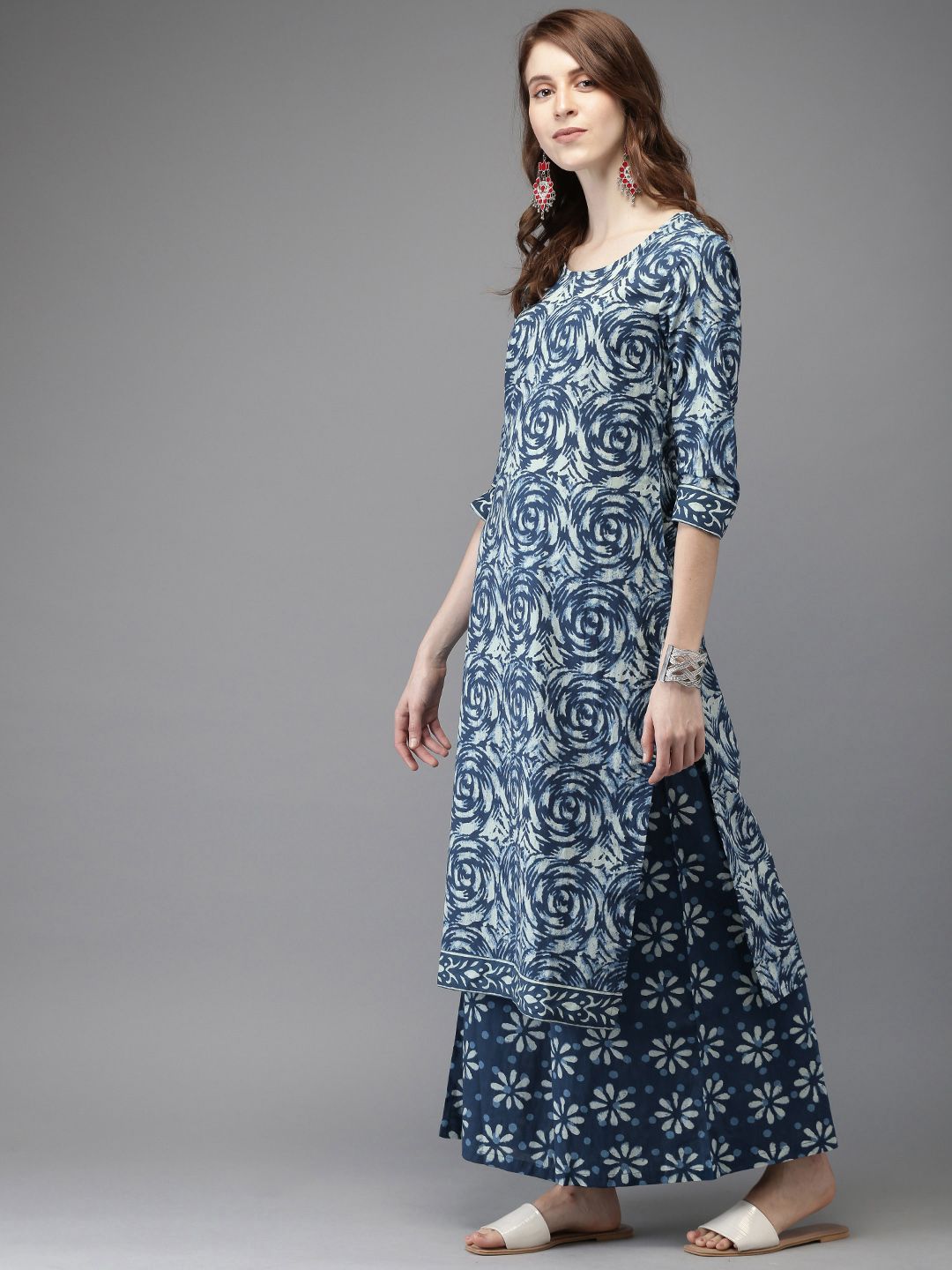 Anouk Women Navy Blue & Off-White Printed Kurta with Palazzos