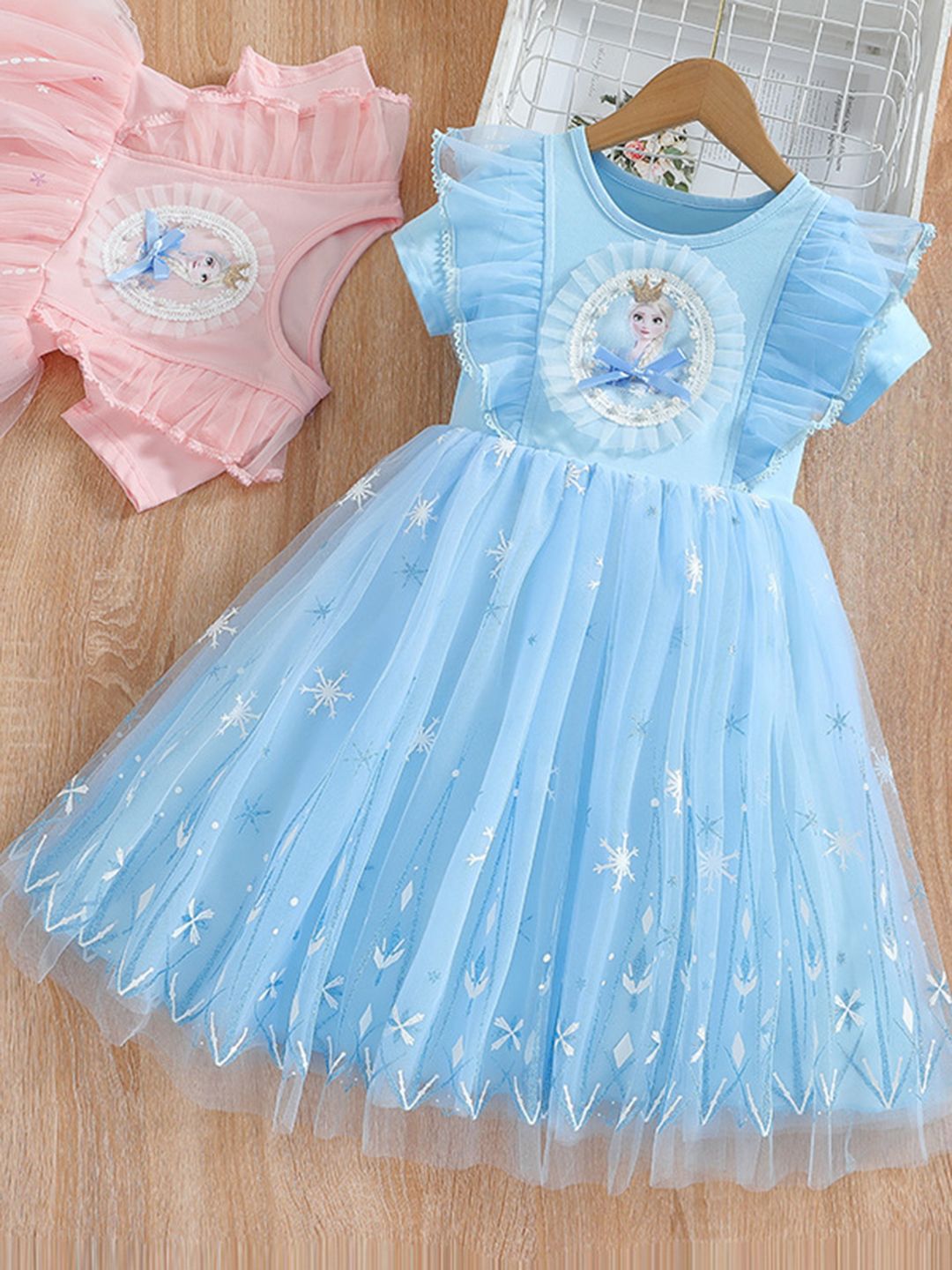 YK Girls Cartoon Characters Self Design Flutter Sleeves Fit and Flare Knee Length Dress