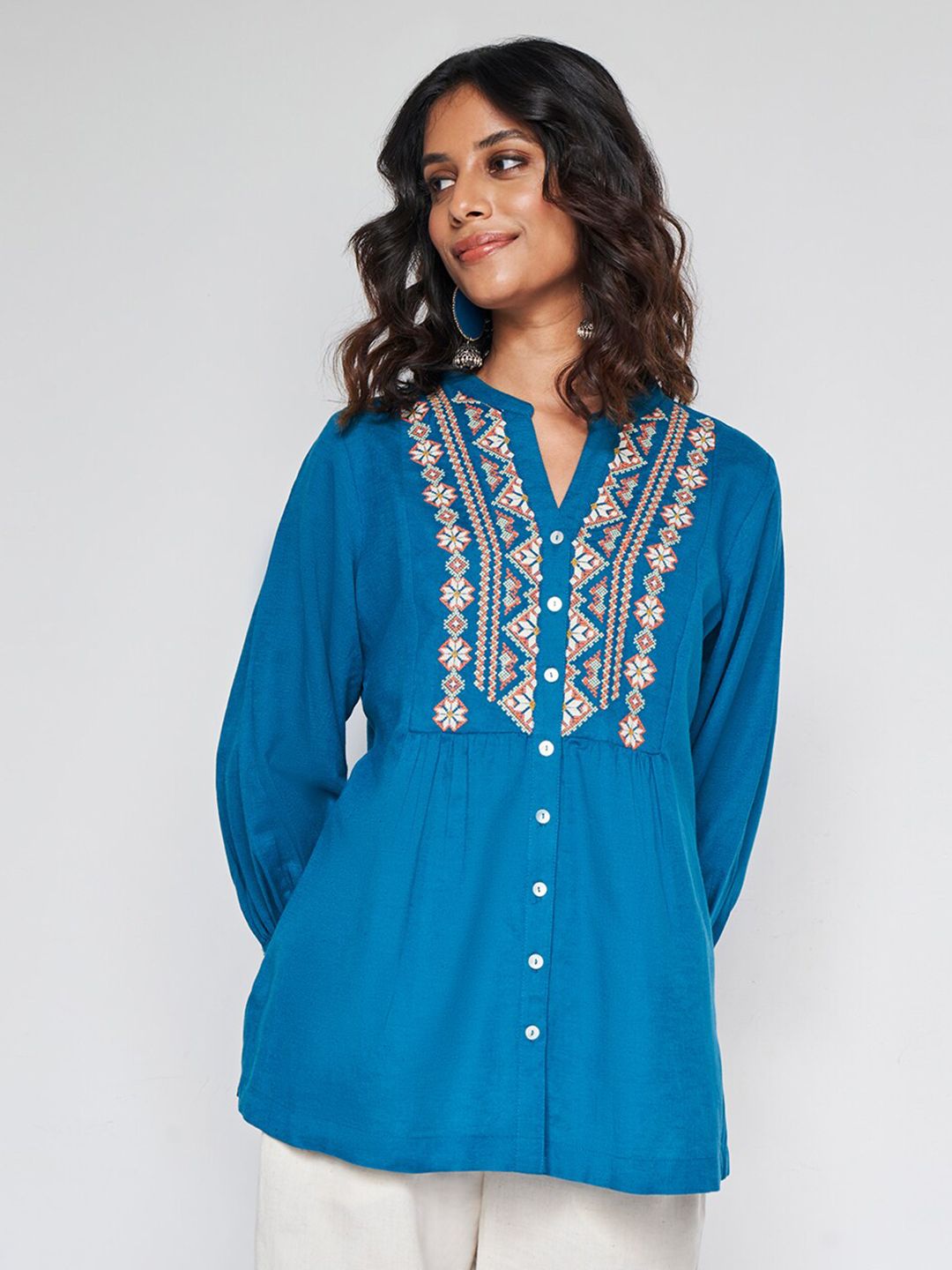 Global Desi Geometric Embroidered Mandarin Collar Cuffed Sleeves Shirt Style Top