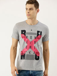 Being Human Men Grey Melange & Black Printed Round Neck T-shirt