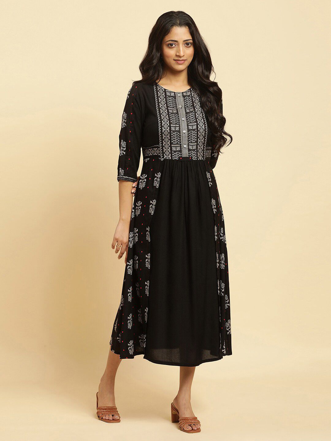 W Ethnic Motifs Printed Pleated Fit & Flare Midi Ethnic Dress