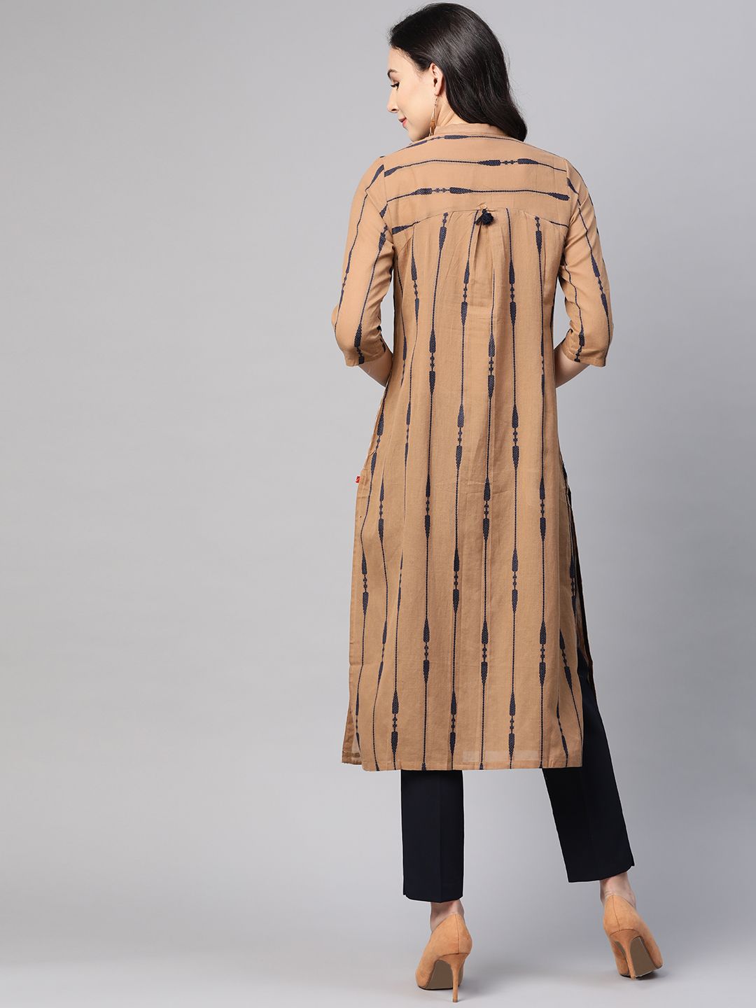 W Women Brown & Navy Blue Striped Straight Kurta