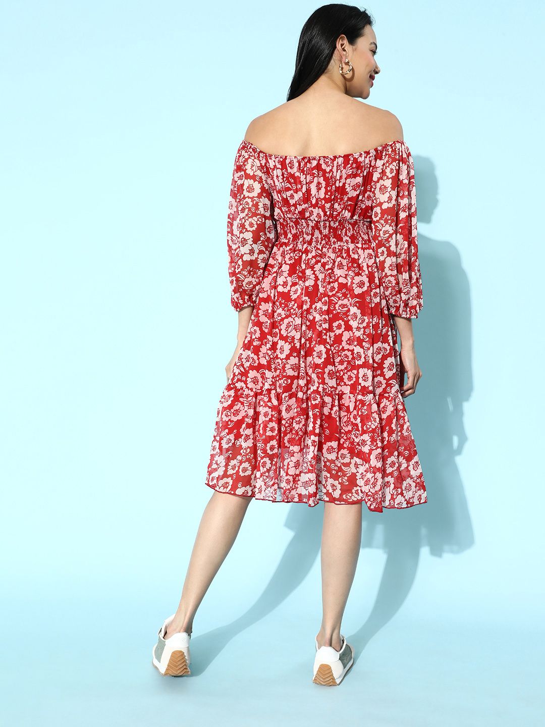 Antheaa Women Gorgeous Red Floral Cinched Waist Dress