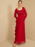 Antheaa Red Embellished Square Neck Top With Skirt