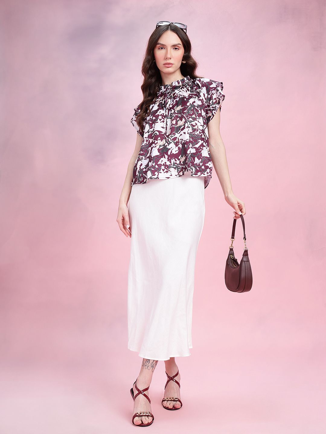 DressBerry Abstract Print Tie-Up Neck Flutter Sleeves Top with Ruffled Detail