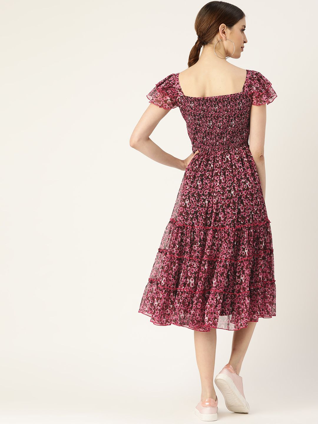 Antheaa Women Floral Printed Fit and Flare Tiered Dress With Smocked Detail
