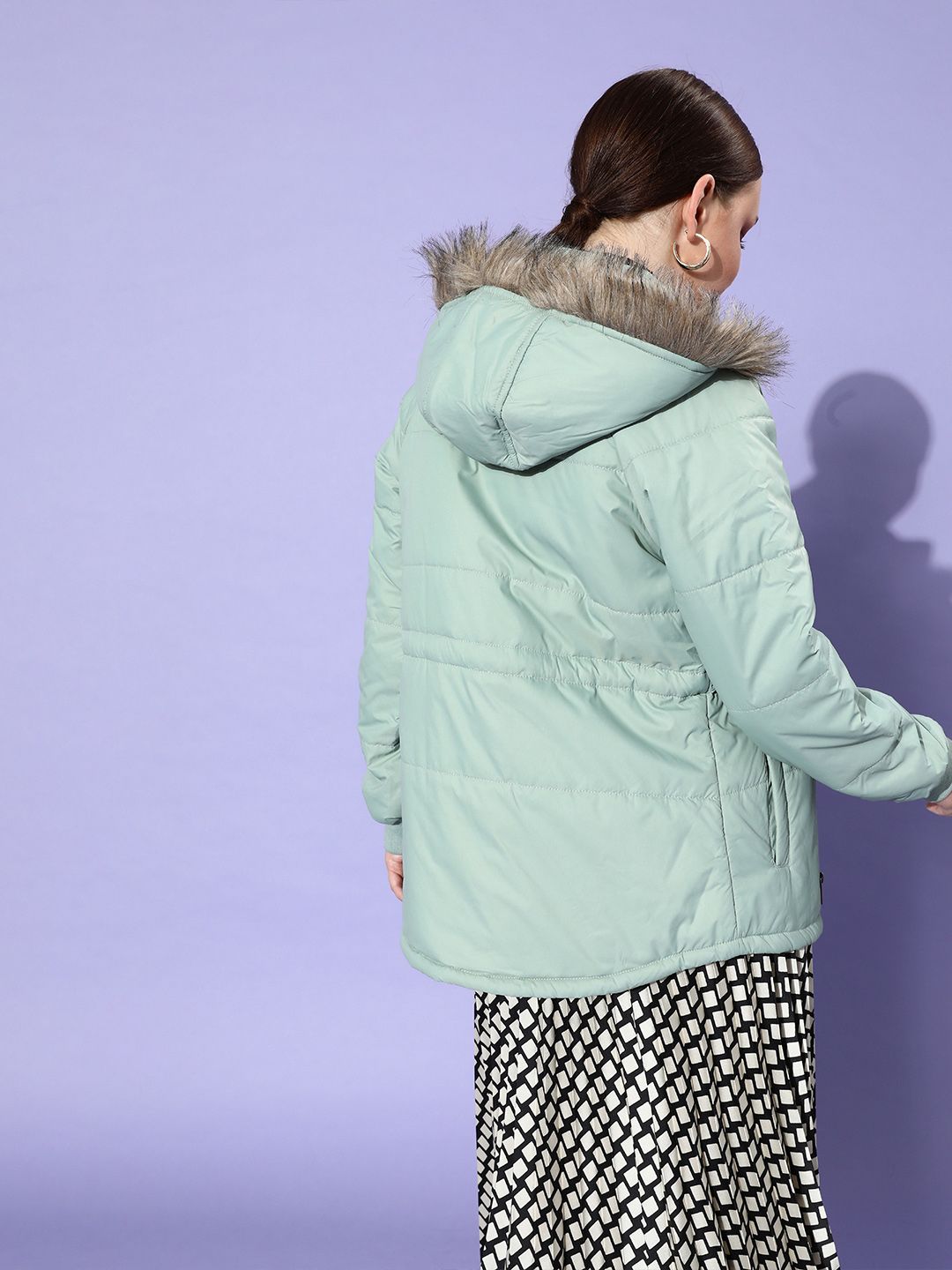 DressBerry Women Green Solid Faux Fur Trim Hooded Parka Jacket