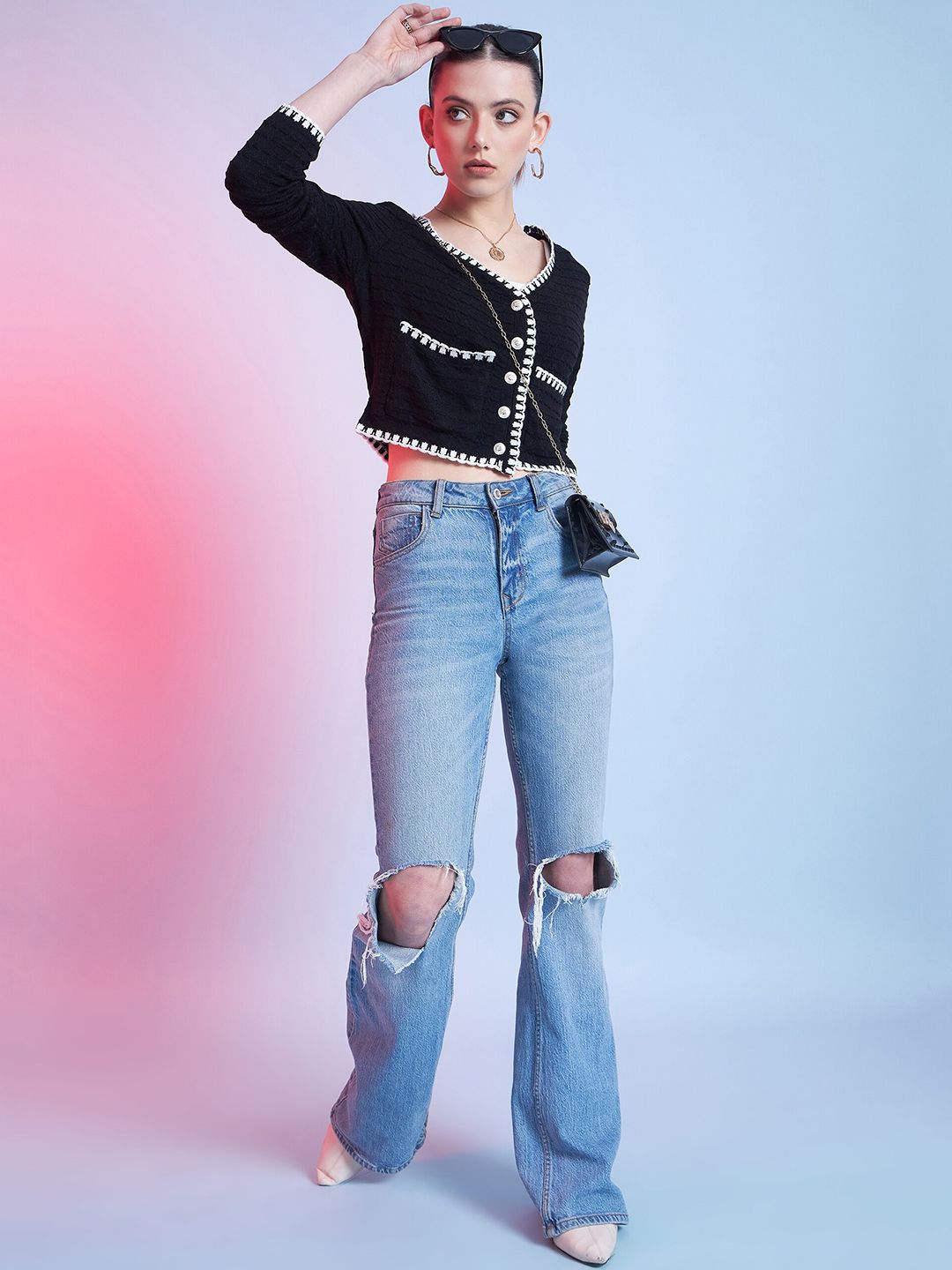 STREET 9 Black & White Self Design V-Neck Acrylic Cardigan Sweater