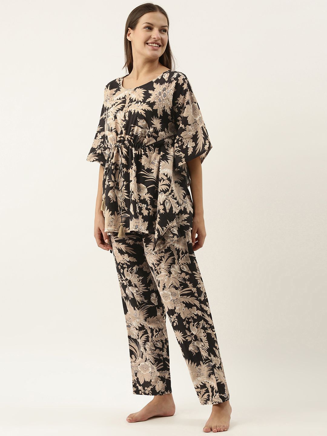 SANSKRUTIHOMES Women Black & Beige Printed Cotton Night suit