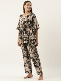 SANSKRUTIHOMES Women Black & Beige Printed Cotton Night suit
