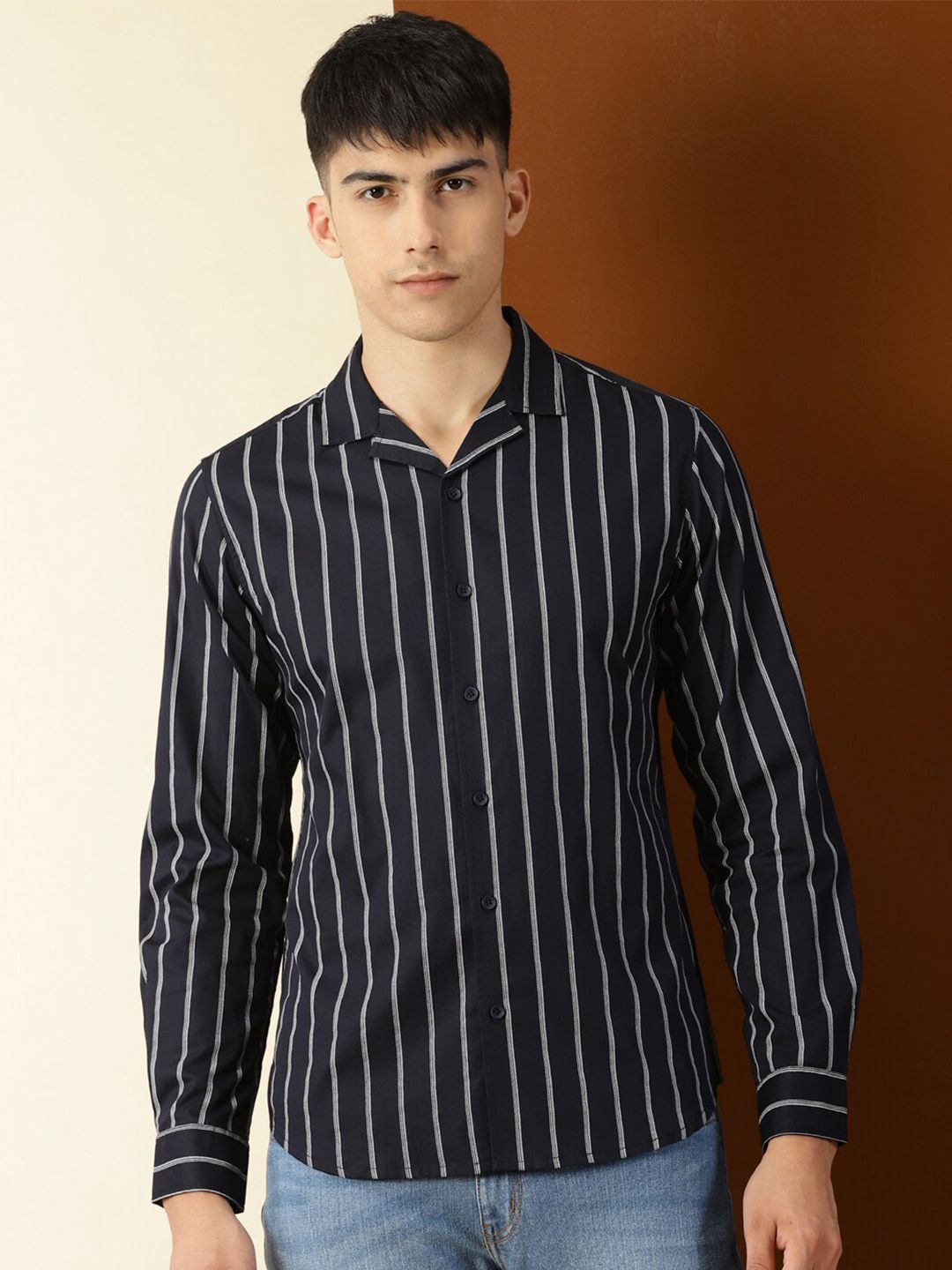 Thomas Scott Classic Vertical Stripes Cuban Collar Cotton Casual Shirt