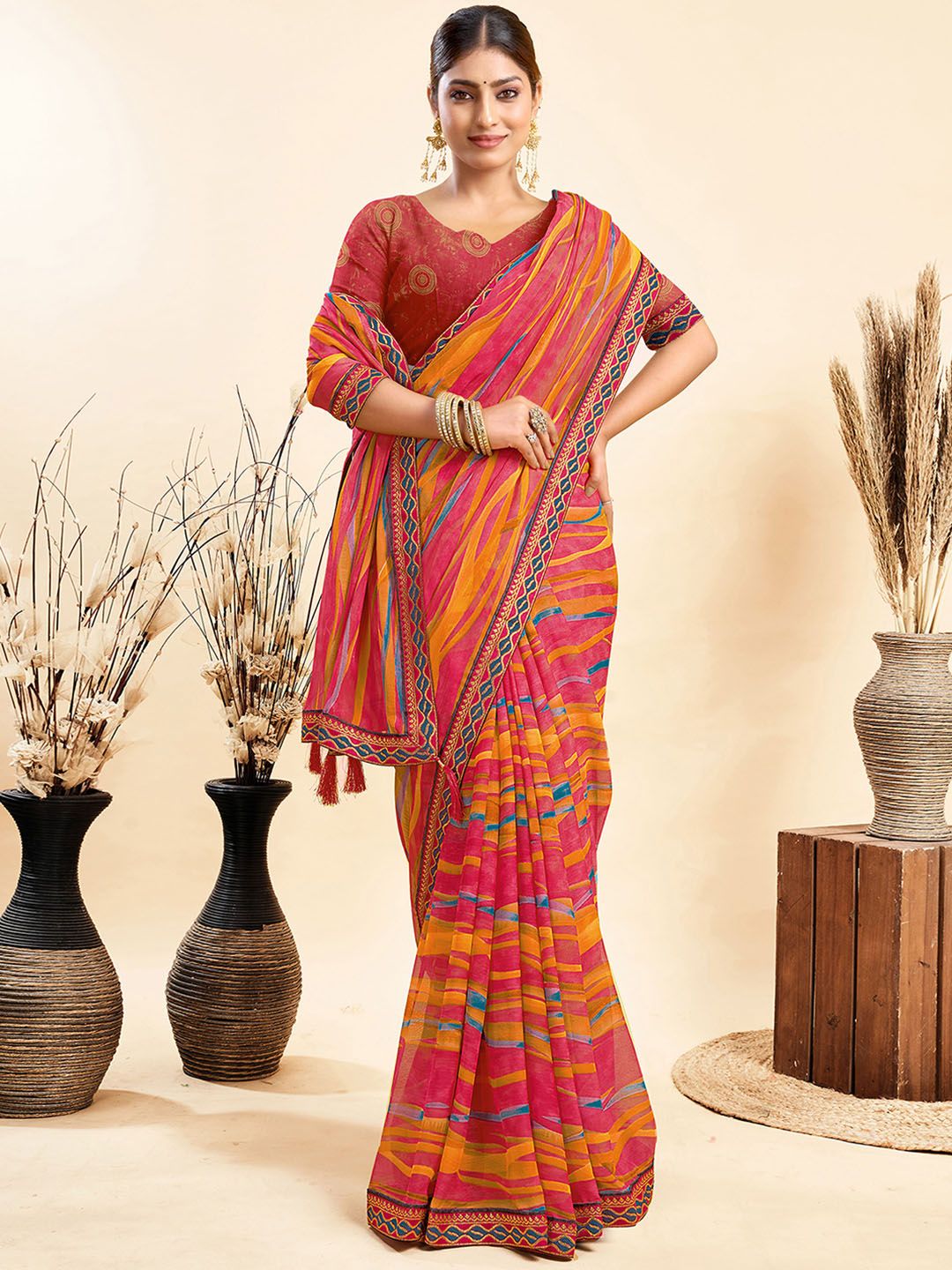KALINI Leheriya Dyed Pure Chiffon Saree