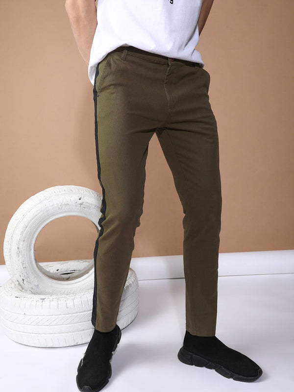 The Indian Garage Co Men Olive Green Slim Fit Solid Chinos With Side Strip Detail