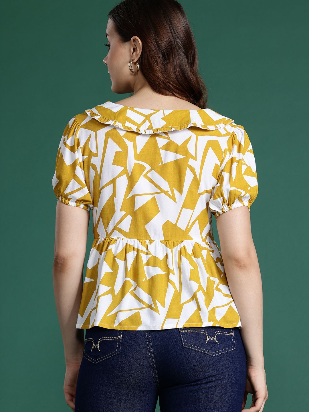 DressBerry Geometric Print Puff Sleeve Empire Top