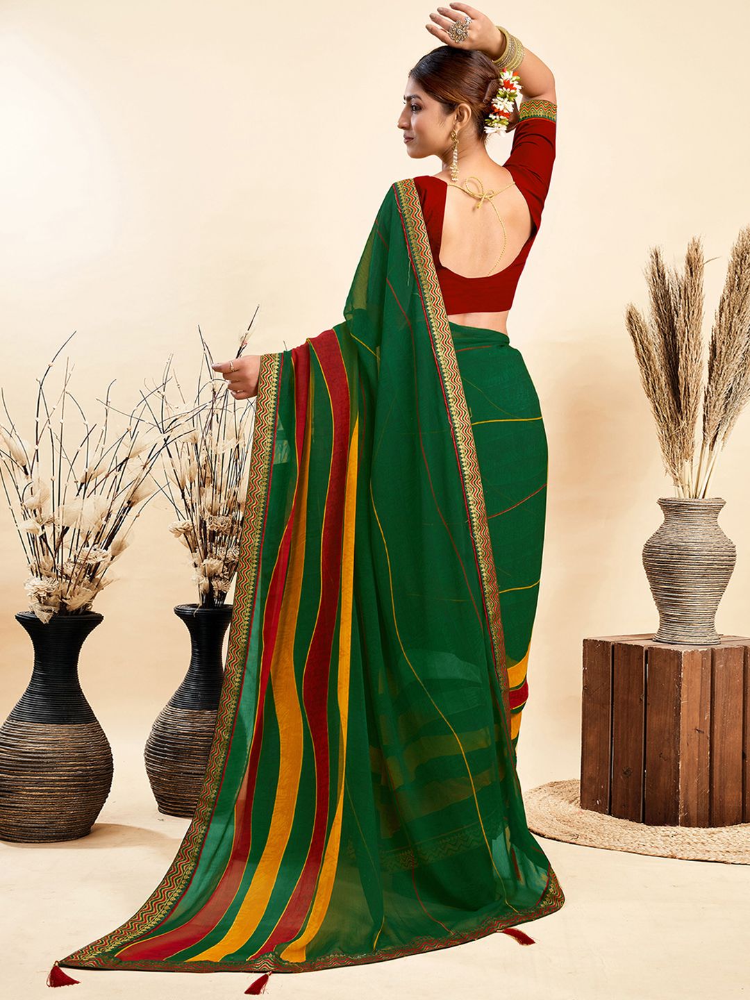 KALINI Striped Printed Pure Chiffon Saree