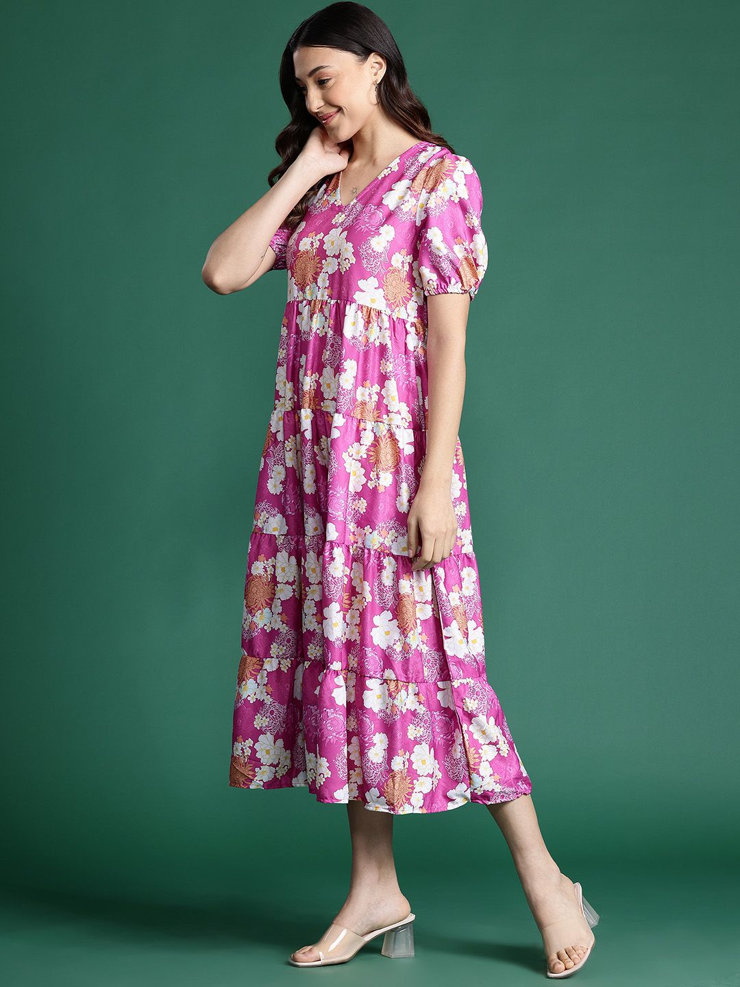 DressBerry Floral Print Puff Sleeve Tiered Midi Dress