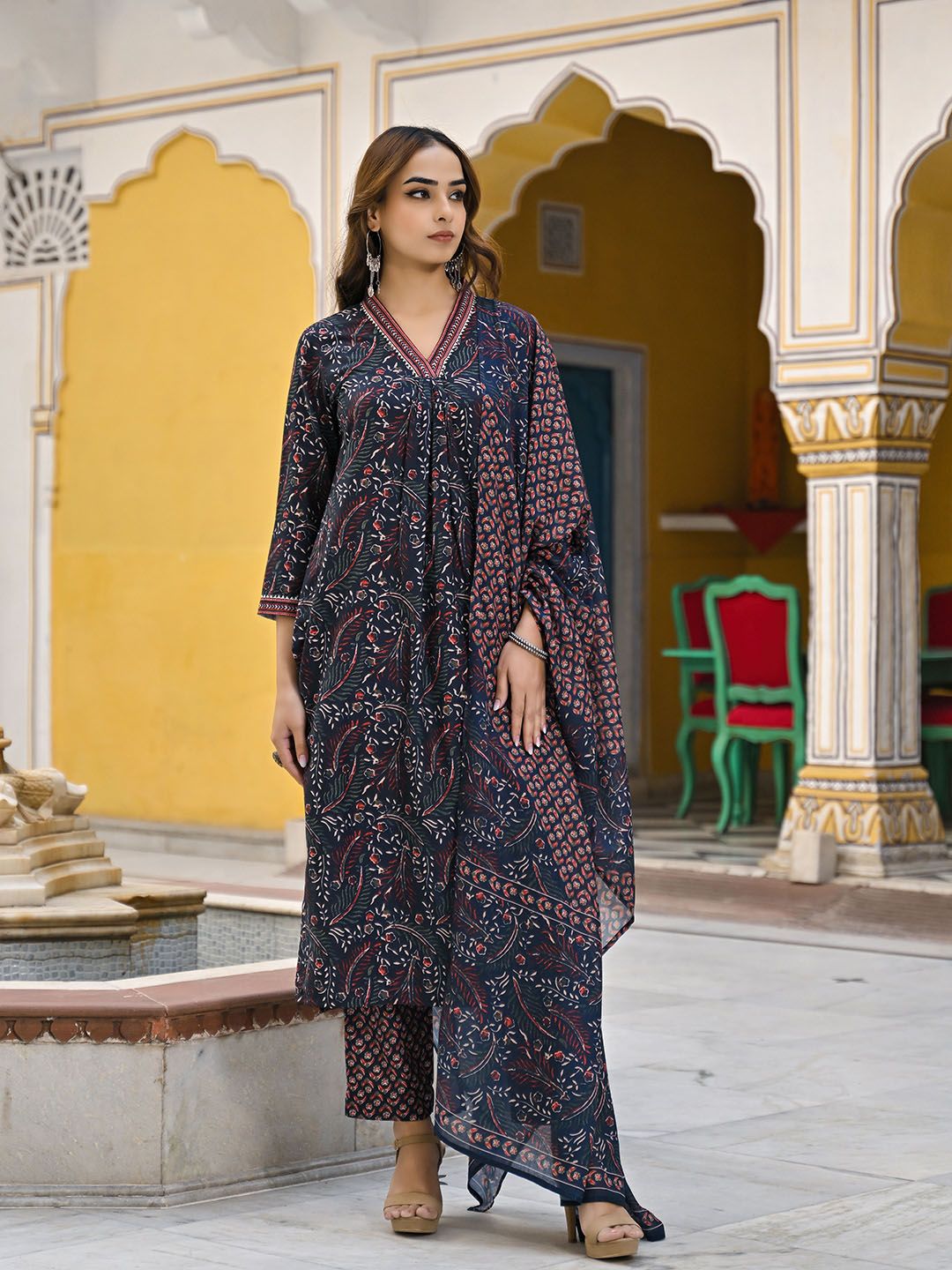 KALINI Floral Printed Pleated Straight Kurta With Trousers & Dupatta