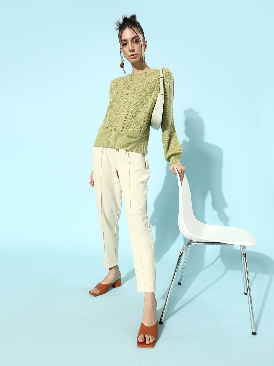 STREET 9 Women Green Cable Knit Acrylic Pullover