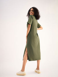 SASSAFRAS BASICS Olive Green Shirt Collar Oversized Cotton Midi A-Line Dress