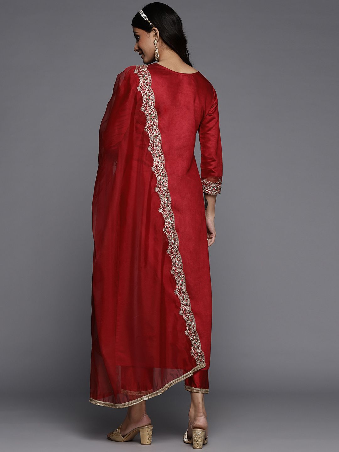Indo Era Women Red Ethnic Motifs Embroidered Sequinned Liva Kurta with Trousers & Dupatta