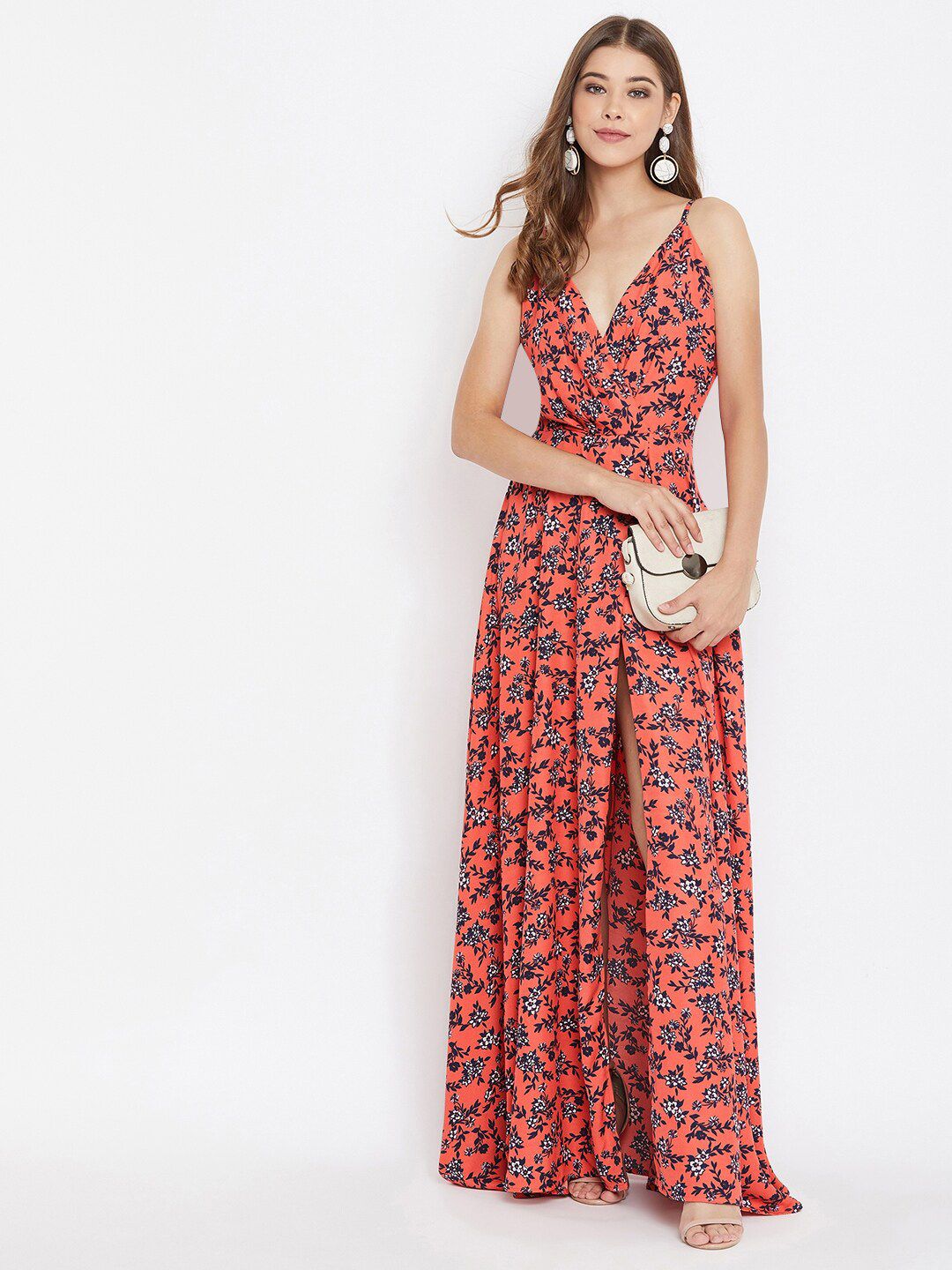 Berrylush Orange Floral Printed Maxi Dress