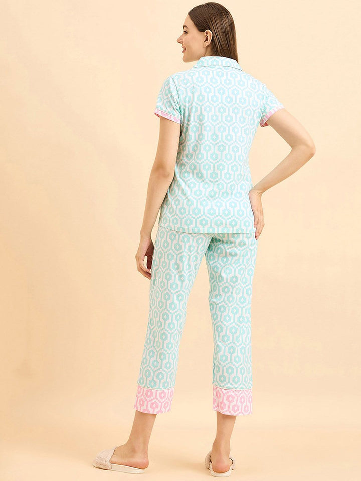 Sweet Dreams Geometric Printed Lapel Collar Night suit