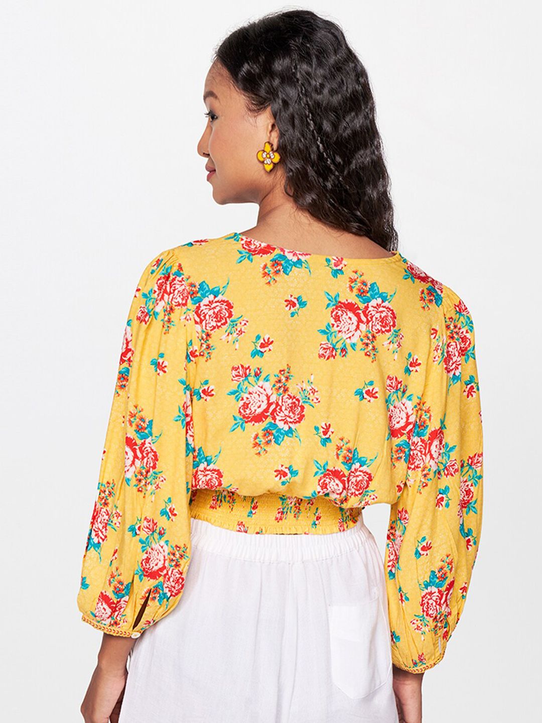 Global Desi Floral Printed Puff Sleeves Crop Blouson Top