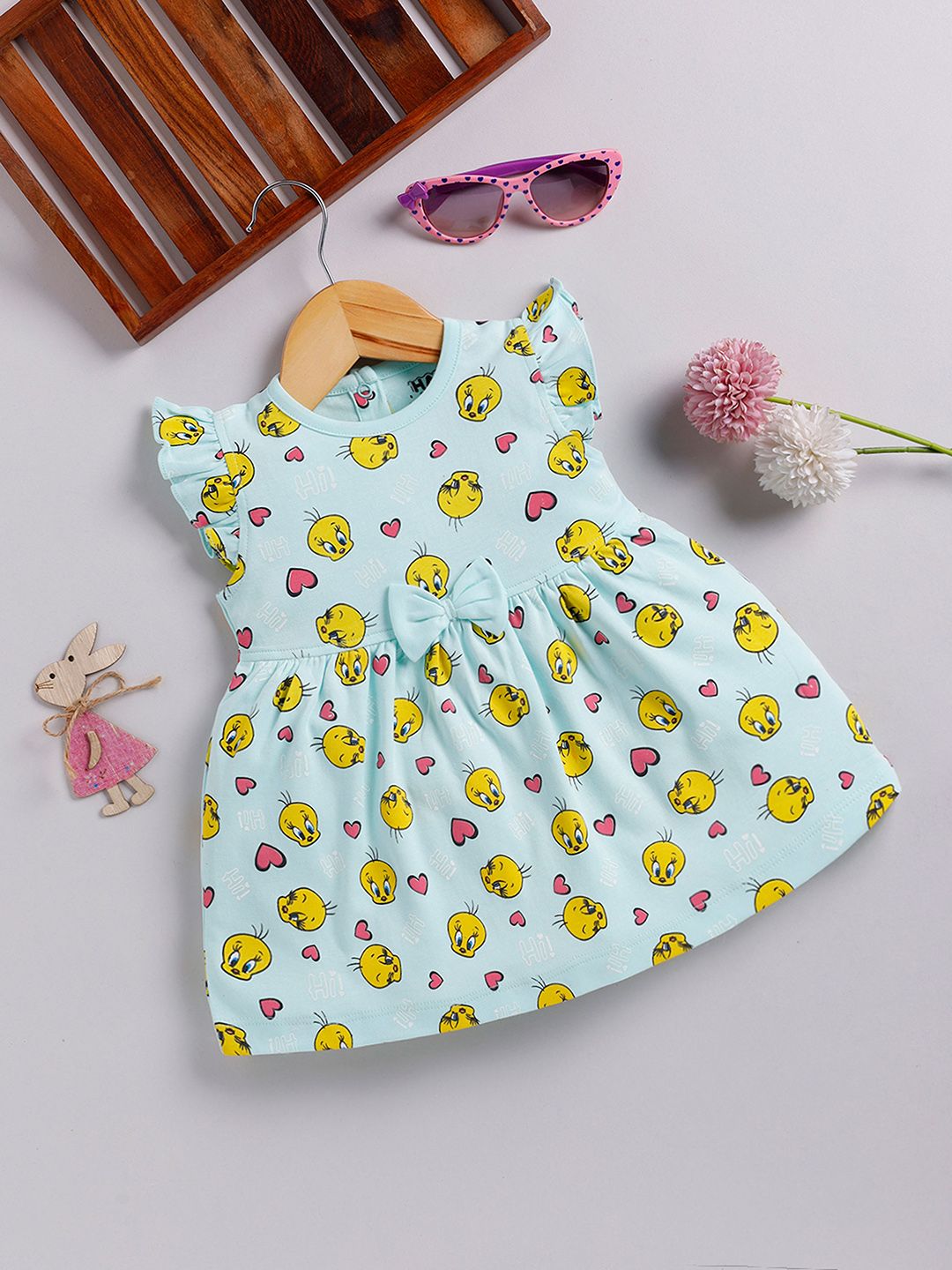 Happy Faces Girls Cotton Printed Flutter Sleeve Fit & Flare Dress