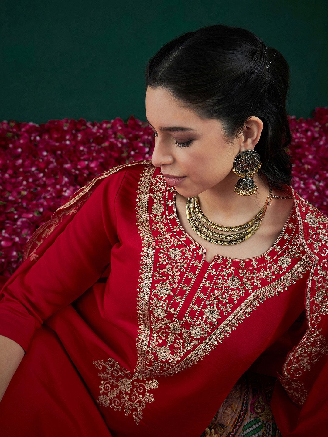 Indo Era Red Ethnic Motifs Embroidered Regular Kurta with Trousers & Dupatta