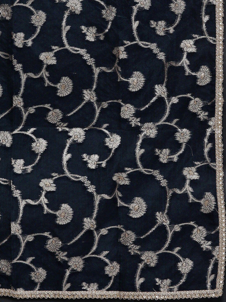 Indo Era Navy Blue Empire V-Neck Sequinned Kurta With Trousers & Dupatta