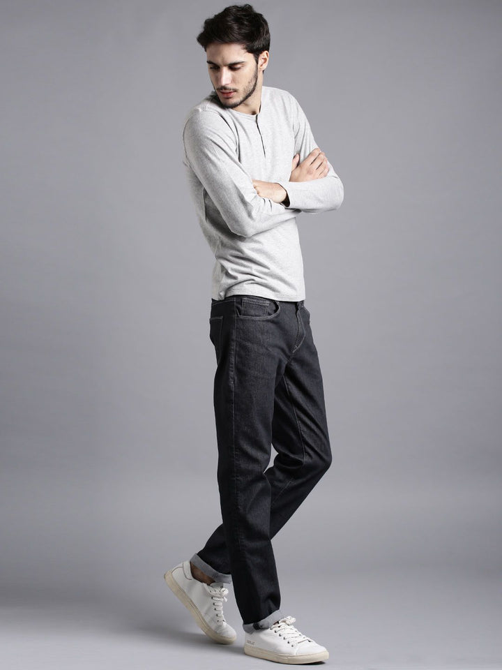 ETHER Men Grey Melange Slim Fit Henley Neck Cotton Pure Cotton T-shirt