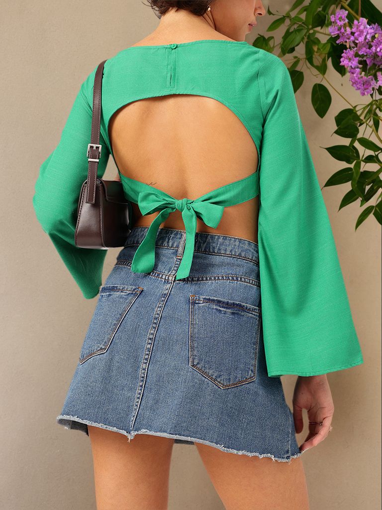DressBerry Backless Babe Flared Sleeve Crop Top