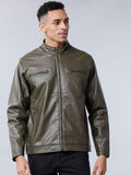 HIGHLANDER Men Olive Green Solid Biker Jacket