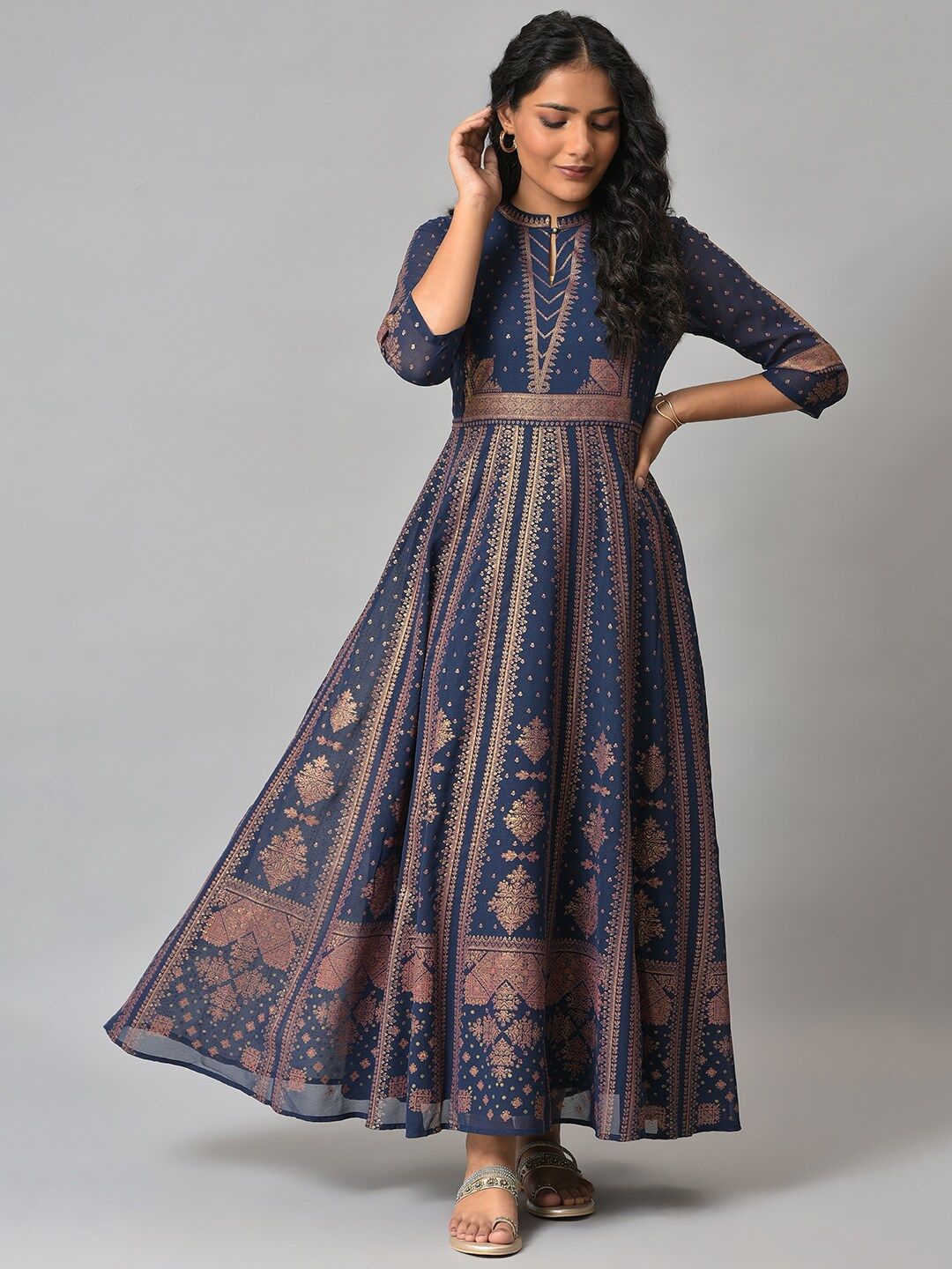 W Blue Ethnic Motifs Ethnic Maxi Dress