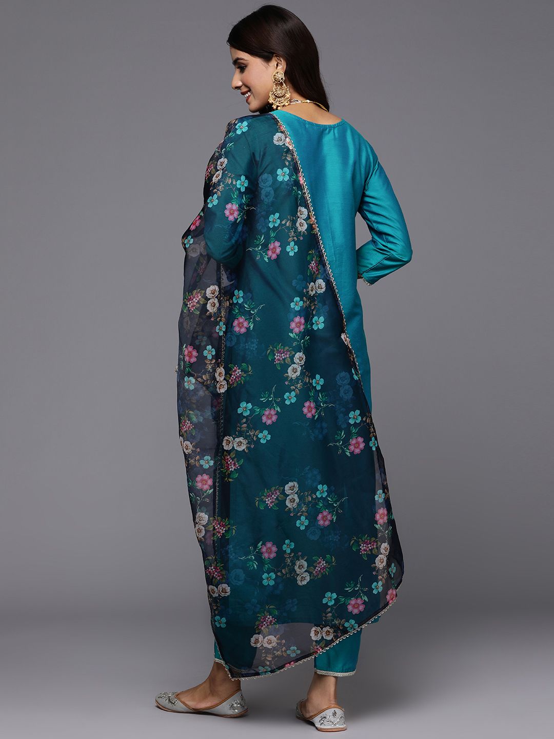 Indo Era Women Teal Floral Embroidered Regular Thread Work Kurta with Trousers & With Dupatta