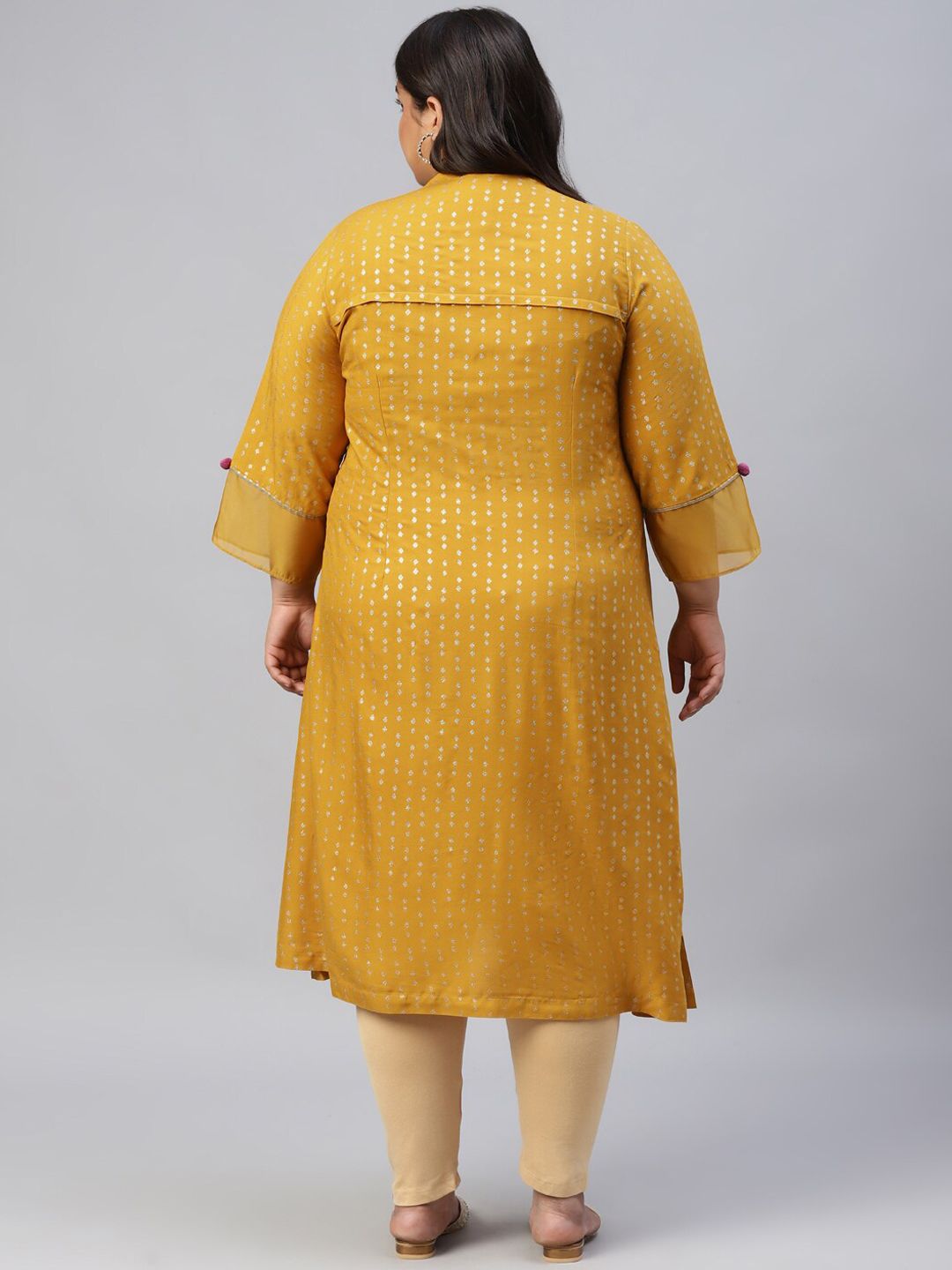 W Women Yellow Printed Flared Sleeves Thread Work Kurta