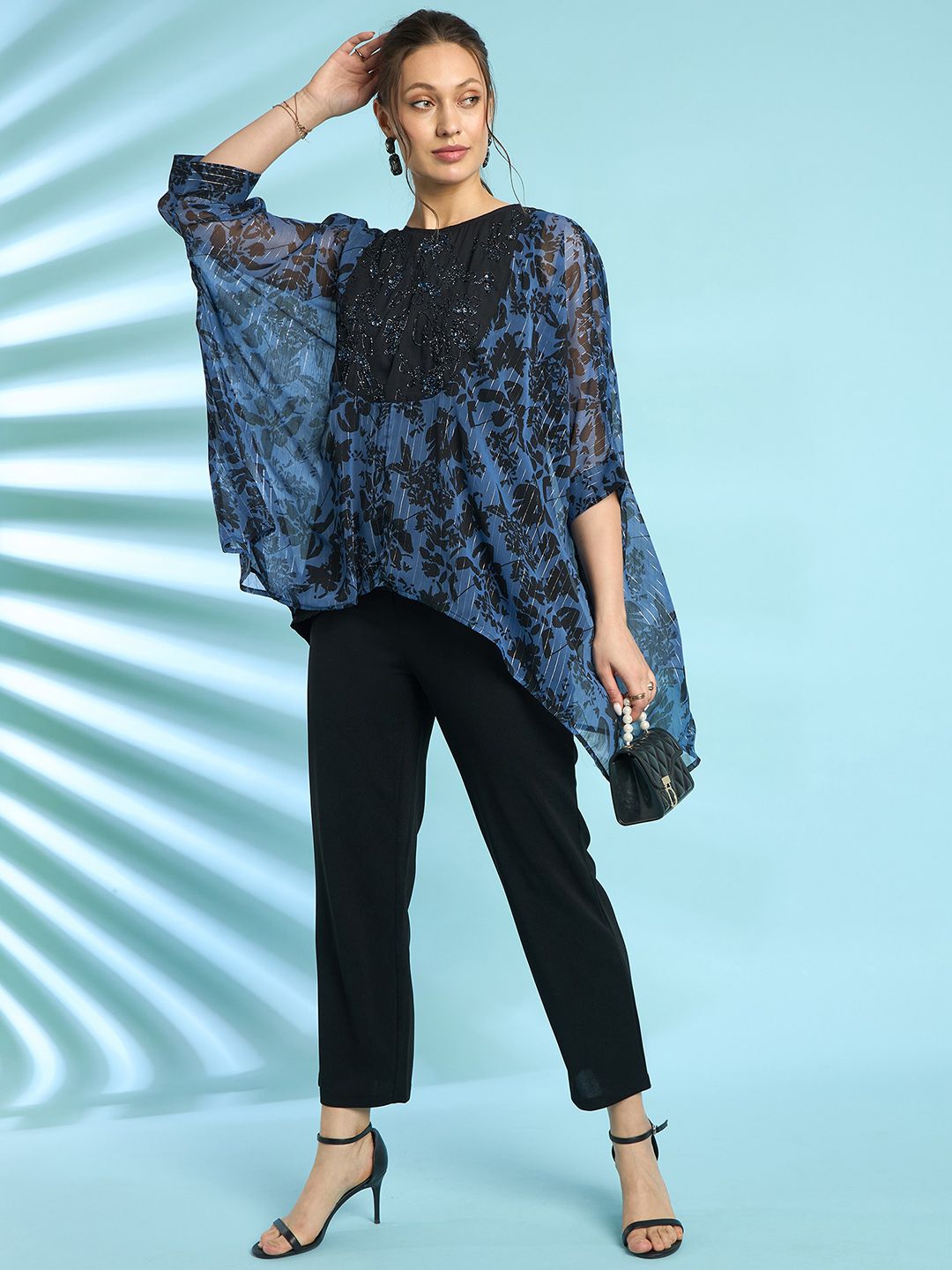 Antheaa Navy Blue Floral Printed Top With Trouser