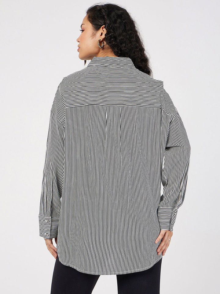SASSAFRAS Oversized Vertical Striped Spread Collar Casual Shirt