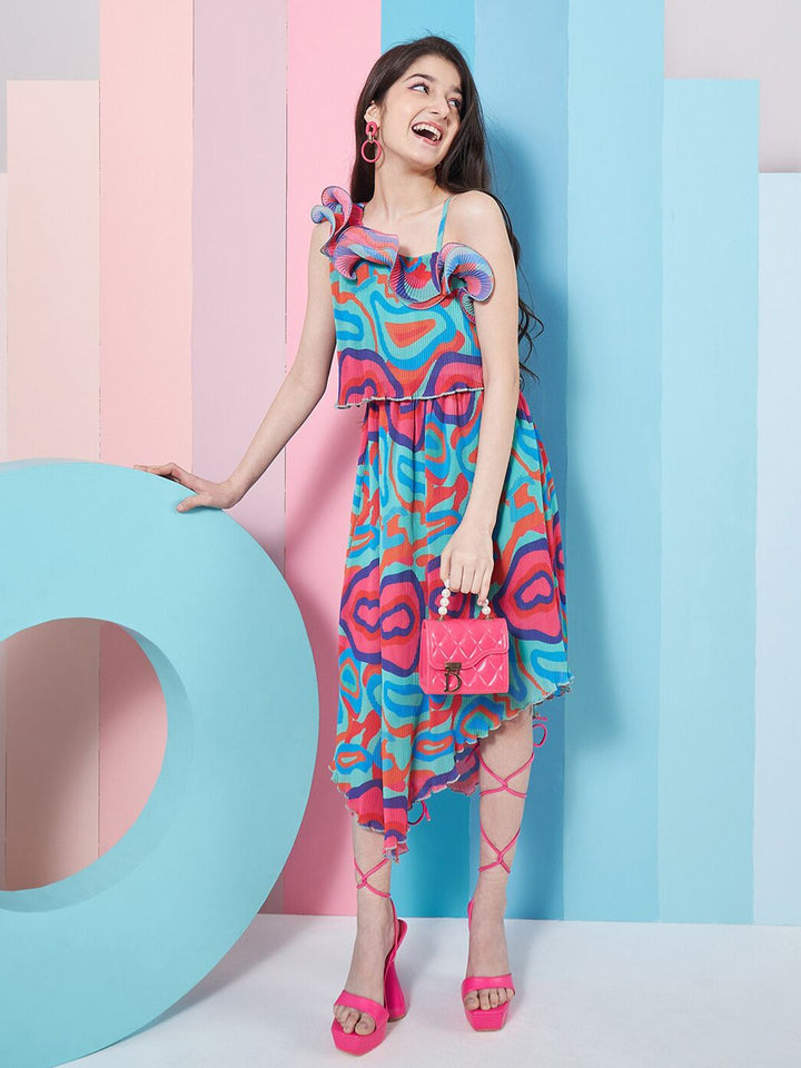 pspeaches Girls Abstract Printed One Shoulder Georgette Fit & Flare Midi Dress