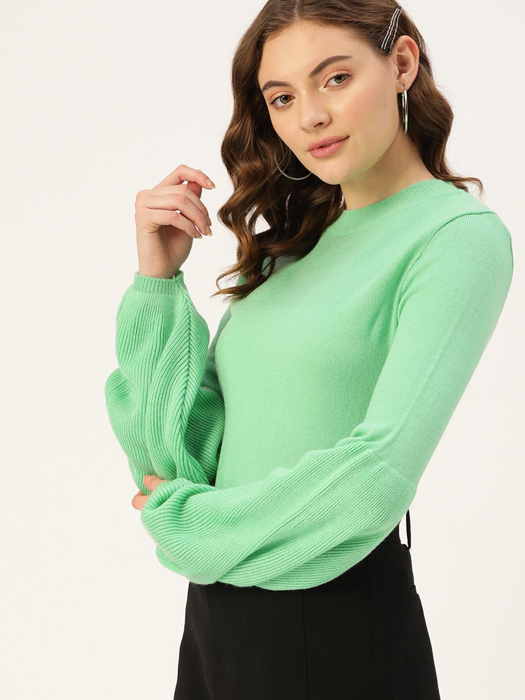 DressBerry Women Green Solid Puff Sleeve Pullover