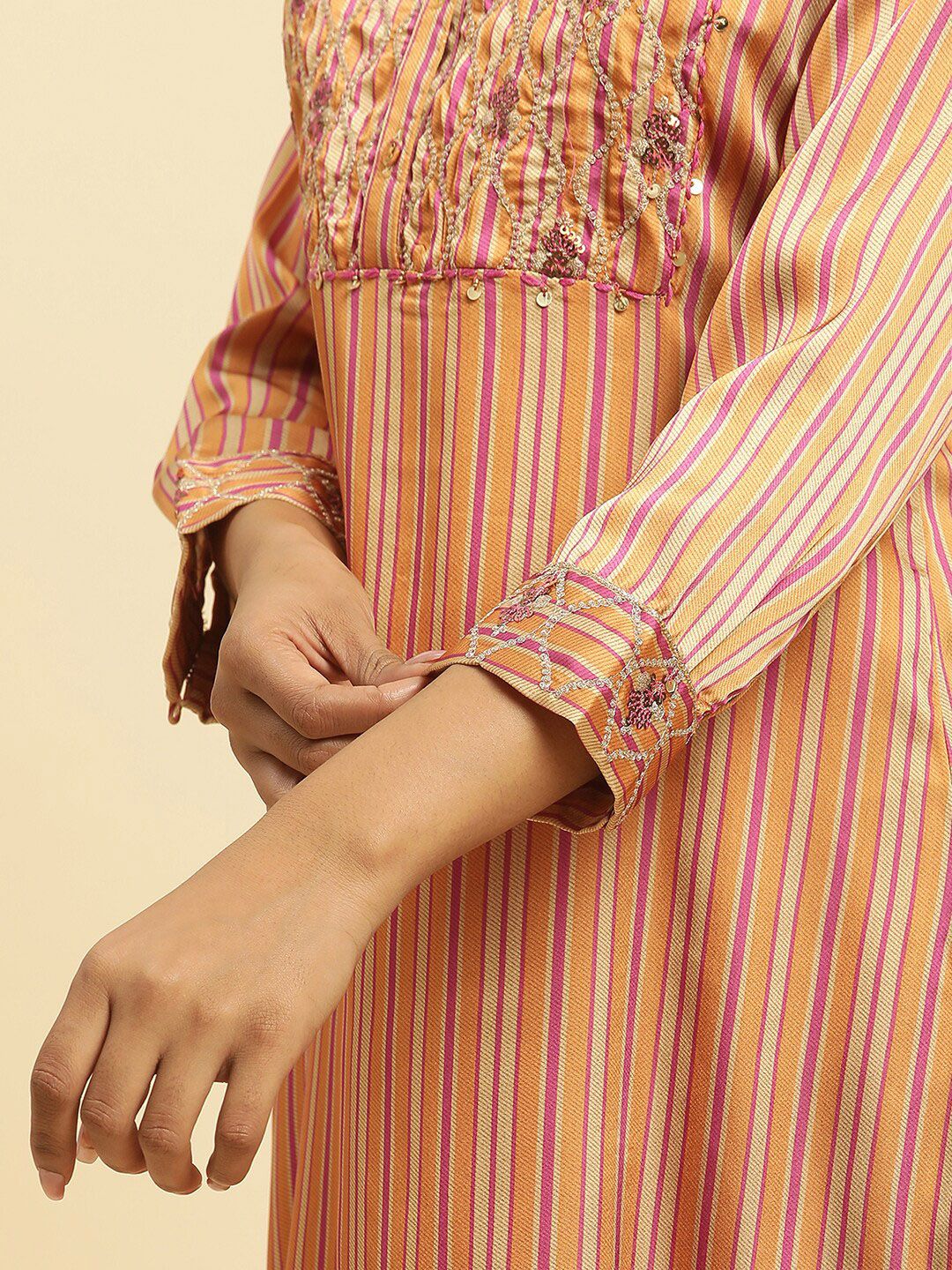 W Striped Sequinned Straight Kurta