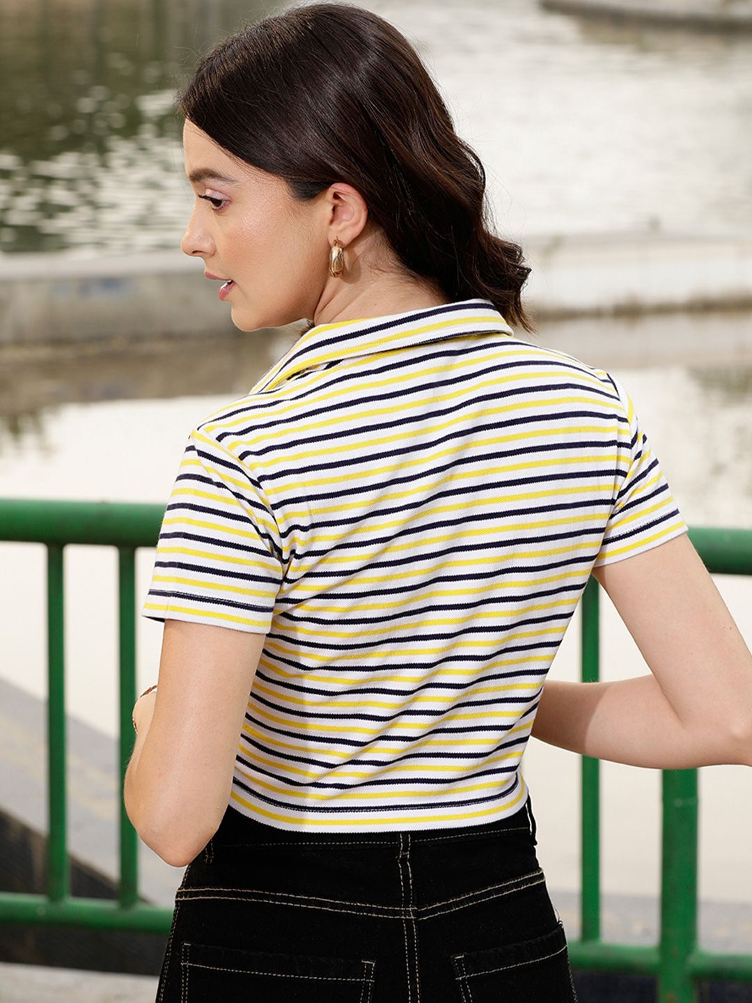 STREET 9 Black Striped Polo Collar Pure Cotton T-shirt