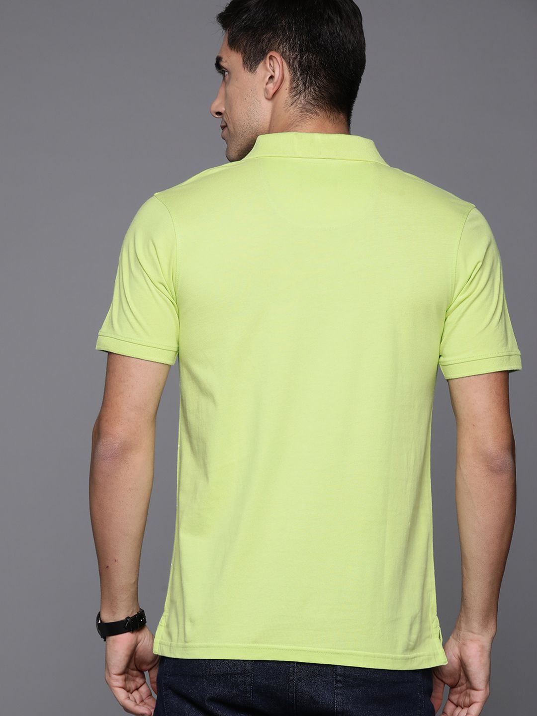 Raymond Men Green & White Pure Cotton Striped Polo Collar T-shirt