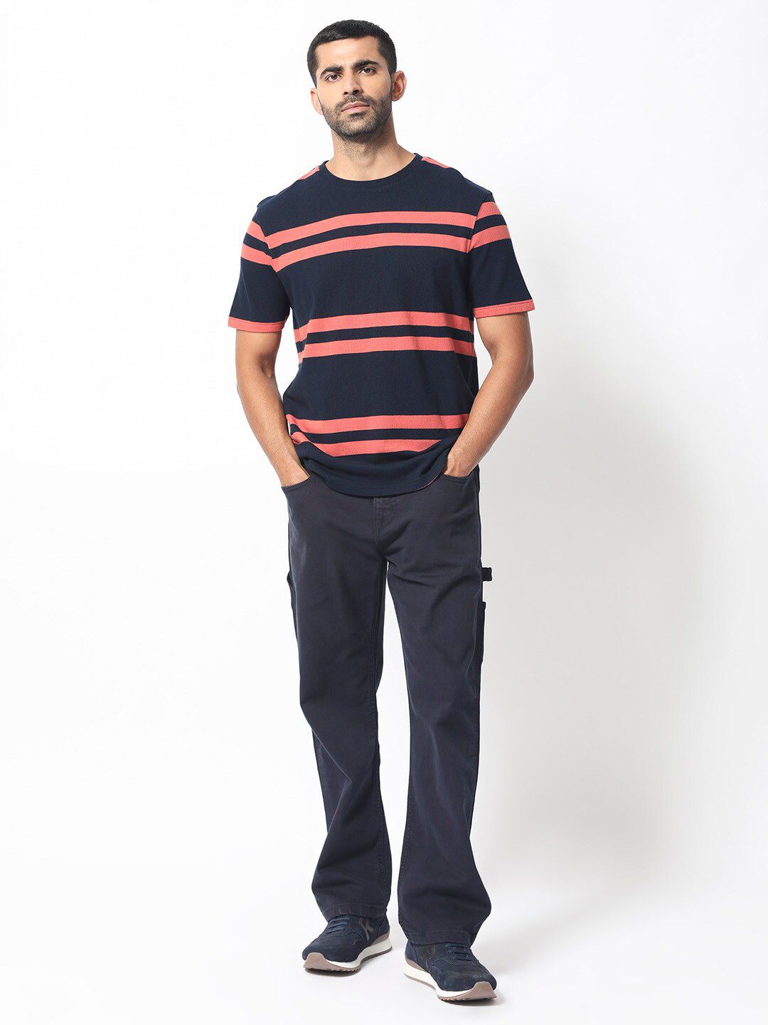 RARE RABBIT Men Cachos Striped Pure Cotton Slim Fit T-Shirt