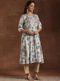 Libas Floral Printed Mirror Work High Slit Straight Kurta