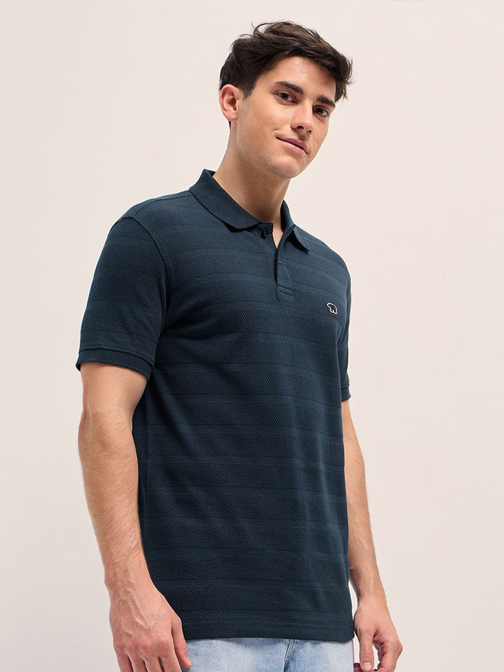 THE BEAR HOUSE Men Self Design Polo Collar Cotton T-shirt