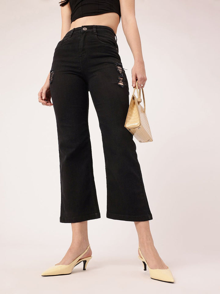 DressBerry Women Urban Edge Distressed Flared Cropped Jeans