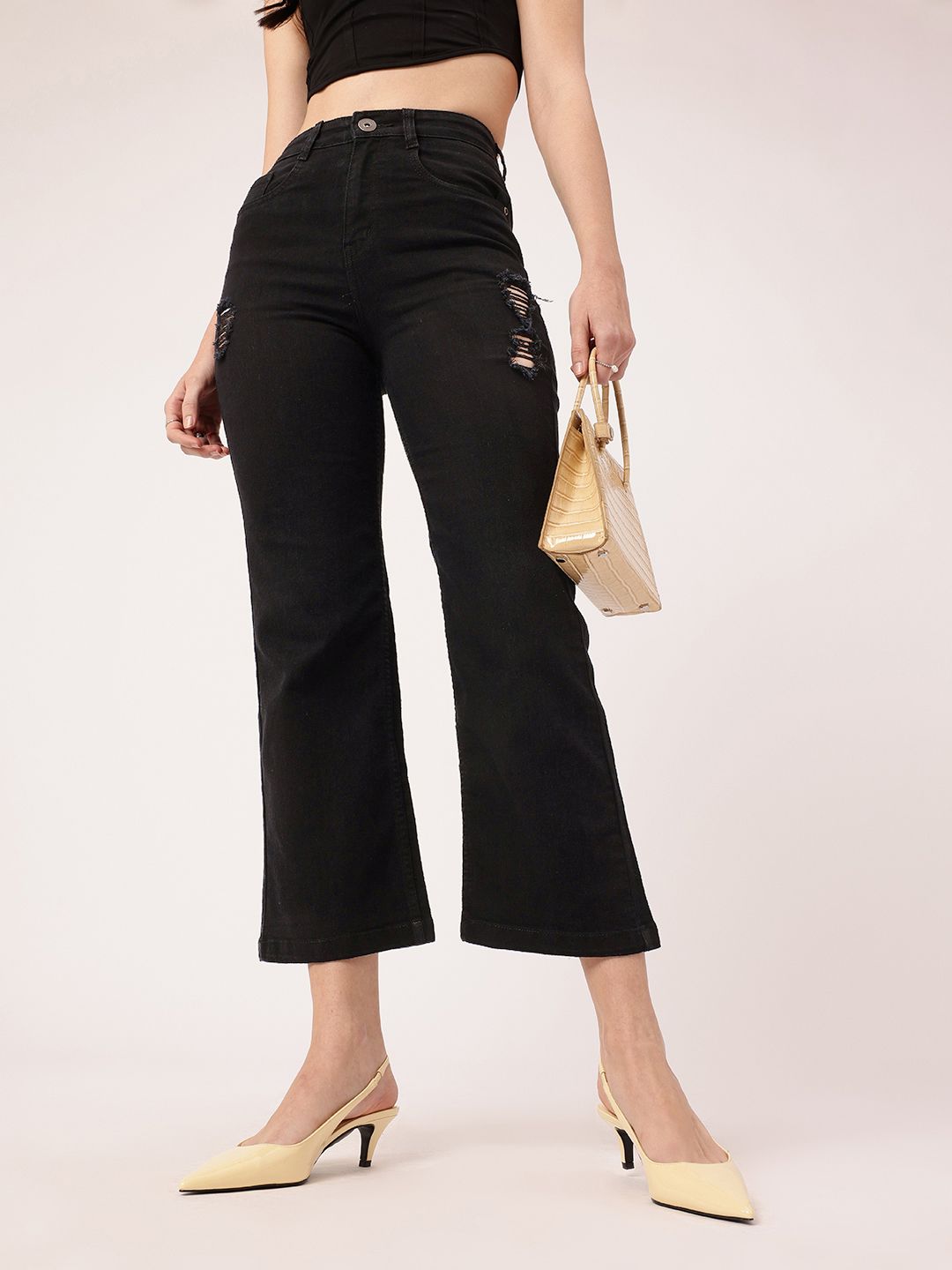 DressBerry Women Urban Edge Distressed Flared Cropped Jeans