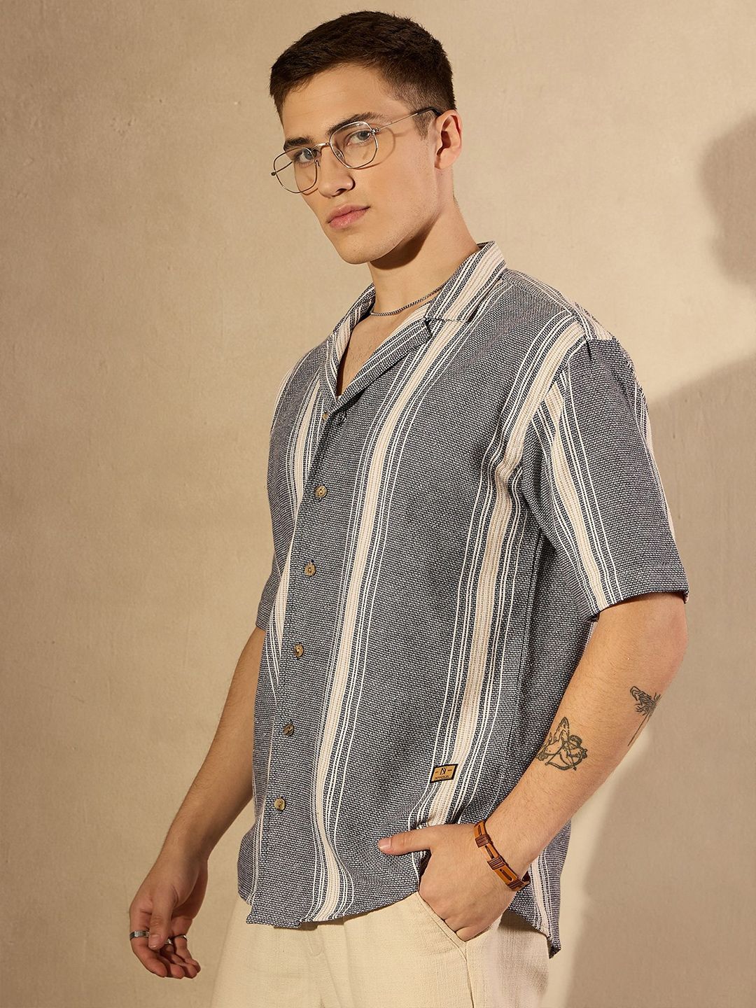 DENNISON Men Aspect Striped Oversized Cotton Shirt