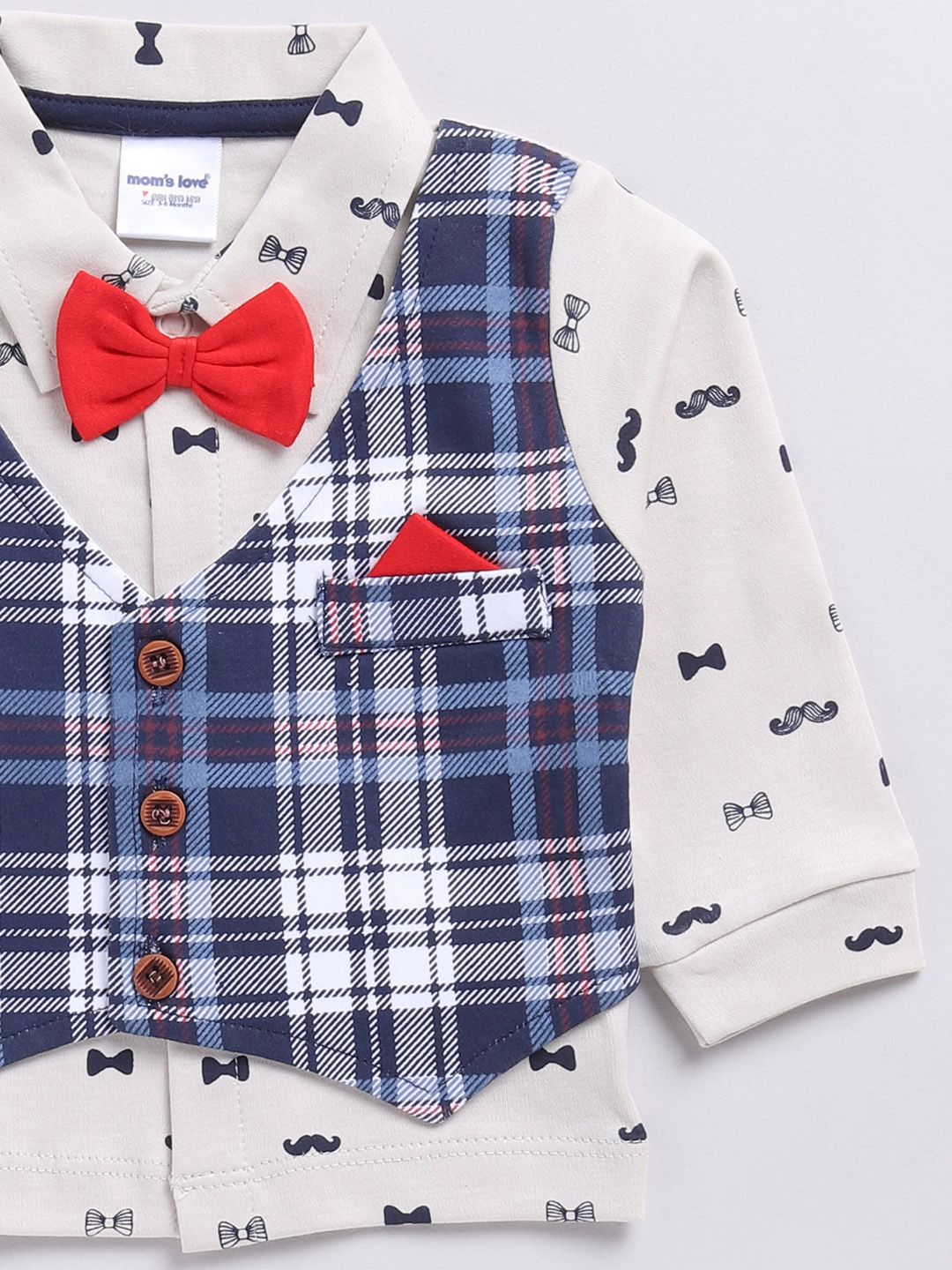 Moms Love Infant Boys Checked Pure Cotton Party Shirt & Trousers with Attached Waistcoat